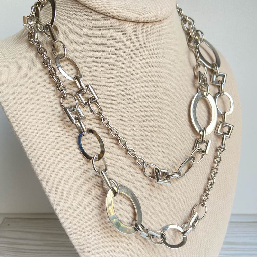 Lia Sophia Modular necklace in long silvertone metal with open geometric links